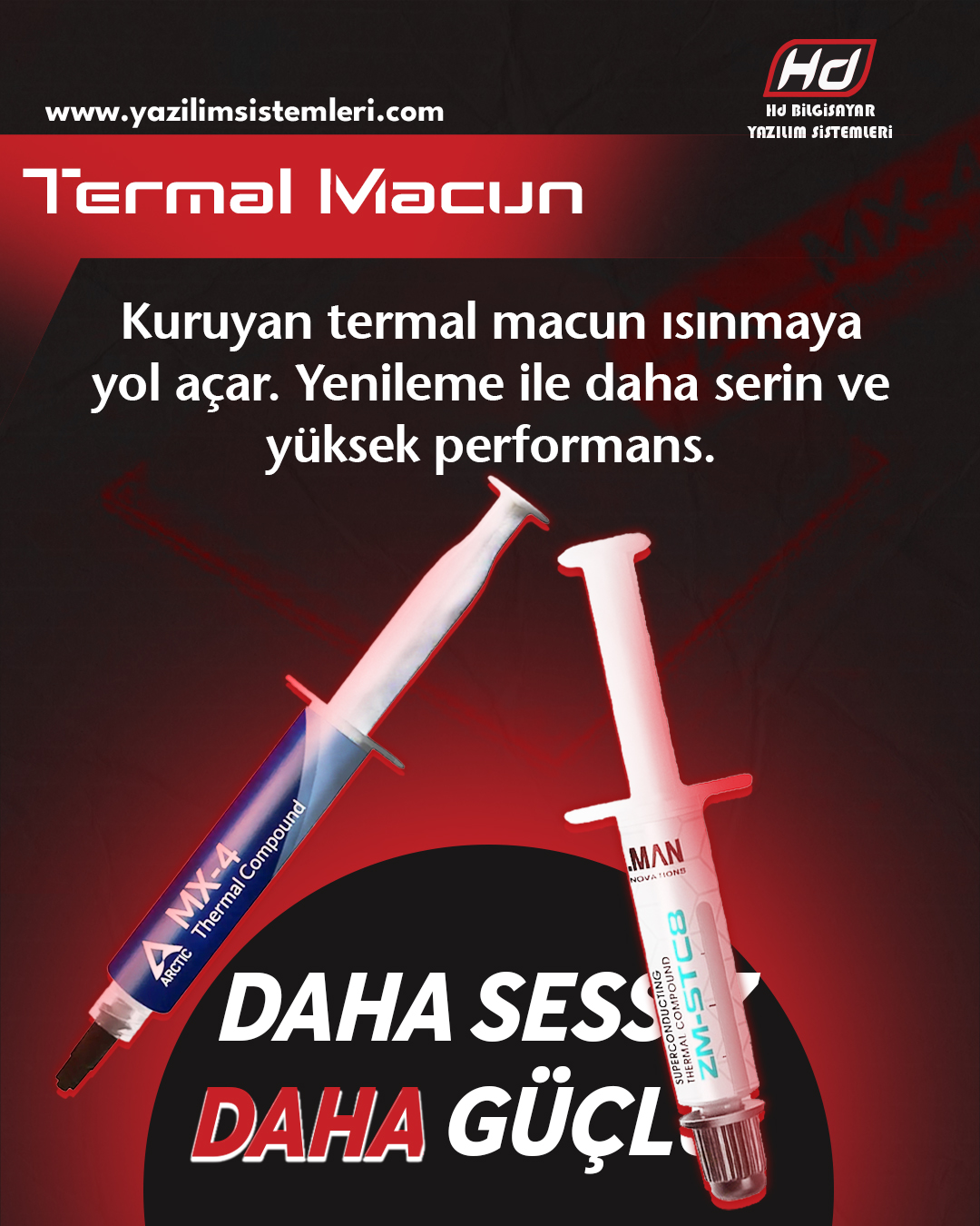 Termal Macun Yenileme Nedir? Termal macun yenileme, işlemci (CPU) ve ekran kartı (GPU) ile soğutucu arasındaki ısı iletimini sağlayan macunun profesyonel şekilde değiştirilmesi işlemidir. HD Bilgisayar olarak laptop ve masaüstü bilgisayarlarınızın termal macunlarını yenileyerek ısınma sorunlarını azaltıyoruz. Termal Macun Yenileme Neden Gereklidir? Bilgisayarlar zamanla ısınabilir ve performans kaybı yaşanabilir. Termal macun yenileme şu durumlarda gereklidir: Laptop veya bilgisayar aşırı ısınıyor Fan sürekli yüksek hızda çalışıyor Sistem performansı düşüyor Termal macun eski veya kurumuş Profesyonel termal macun yenileme ile cihazınızın ısısı dengelenir ve performansı artar. Termal Macun Yenilemenin Avantajları HD Bilgisayar ile termal macun yenileme yaptırarak: CPU ve GPU sıcaklıklarını düşürebilirsiniz Fan sesini azaltabilirsiniz Sistem performansını artırabilirsiniz Donanımın ömrünü uzatabilirsiniz Profesyonel teknik destek alırsınız HD Bilgisayar Termal Macun Yenileme Hizmeti Hizmetimiz kapsamlıdır: Eski termal macunun temizlenmesi Yeni yüksek kaliteli termal macunun uygulanması Isı dağılımının optimize edilmesi Cihazın test ve performans kontrolü Laptop veya masaüstü cihazlarda güvenli uygulama Daha fazla bilgi için 👉 Hizmetlerimiz sayfasını ziyaret edebilirsiniz. Termal Macun Yenileme Ne Zaman Gereklidir? Bilgisayarınız sık ısınıyor veya fan sürekli çalışıyorsa, termal macun yenileme zamanı gelmiş demektir. HD Bilgisayar ile cihazınız tekrar serin ve stabil çalışır. Sonuç olarak, termal macun yenileme, bilgisayarınızın ısısını kontrol altında tutan ve performansını artıran kritik bir bakım hizmetidir. HD Bilgisayar ile cihazınız güvenle yenilenir. Görsel alt metin önerisi: “termal macun yenileme laptop bakım” “CPU ve GPU ısı kontrolü”